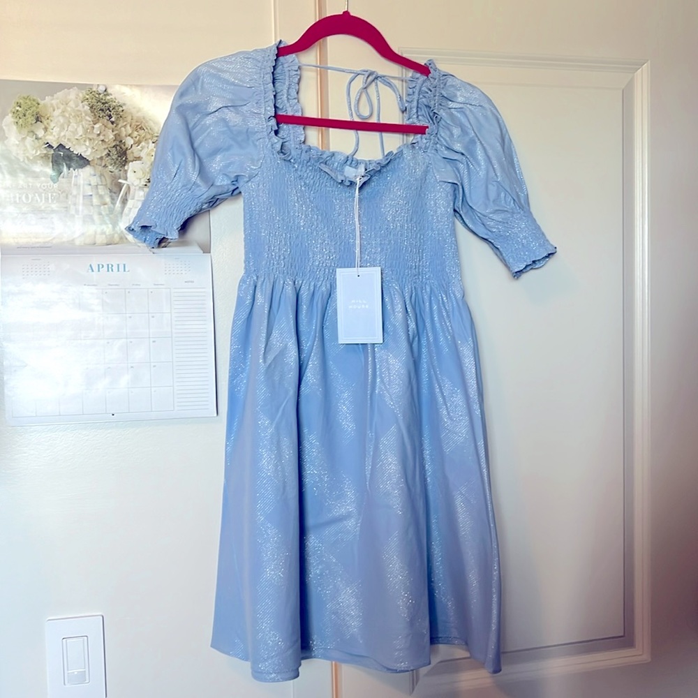 NWT Hill House The Athena Nap Dress Light Blue Glitter Check Size Small S
